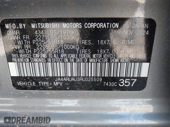 2024 Mitsubishi Outlander S z VIN JA4ARUAU3RU025509, wystawiony jako IAAI lot #42306345 z przebiegiem 6 559 mil mil oraz . Historia ofert i sprzedaży dostępna na DreamBid. Obrazek 9.
