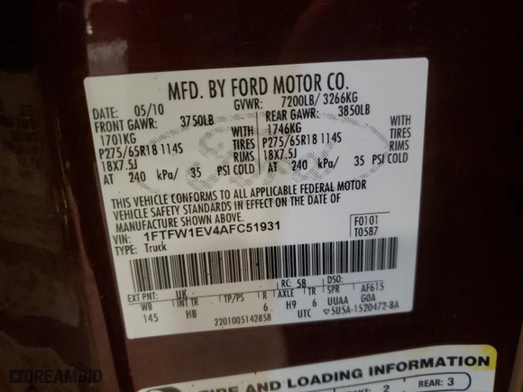 2010 Ford F-150 XL with VIN 1FTFW1EV4AFC51931, listed as a Copart auction lot 52011845 with 203,327 mi miles and Non Repairable. Bid and sale history available at carsss.com. Image 12.