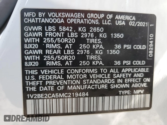 2021 Volkswagen Atlas SEL with VIN 1V2BE2CA5MC219484, listed as a Copart auction lot 80232434 with Not provided miles and Salvage title. Bid and sale history available at DreamBid. Image 13.