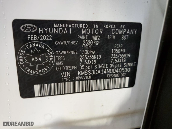 2022 Hyundai Santa Fe Hybrid SEL Premium with VIN KM8S3DA14NU040530, listed as a Copart auction lot 77708184 with 78,024 mi miles and Salvage Title. Bid and sale history available at carsss.com. Image 14.