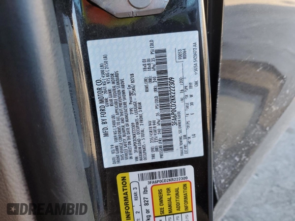 2019 Ford Fusion SEL with VIN 3FA6P0CD2KR222309, listed as a Copart auction lot 42628695 with 85,456 mi miles and Salvage Title. Bid and sale history available at carsss.com. Image 15.