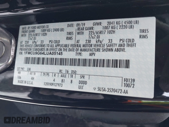 2020 Ford Escape SE z VIN 1FMCU9G64LUA05145, wystawiony jako IAAI lot #41250260 z przebiegiem 60 554 mil mil oraz . Historia ofert i sprzedaży dostępna na DreamBid. Obrazek 9.