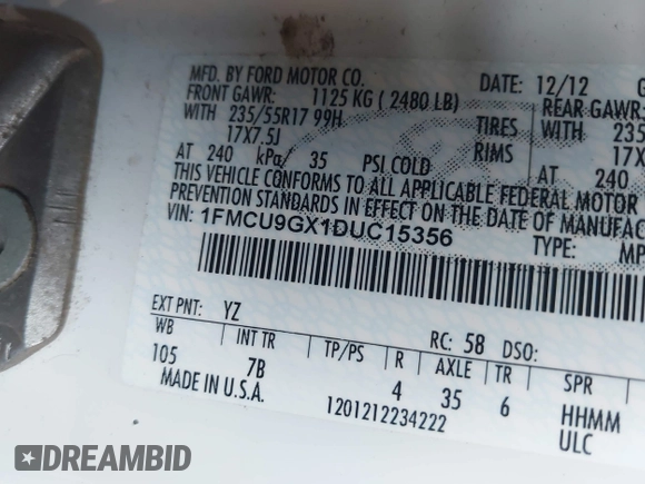 2013 Ford Escape SE with VIN 1FMCU9GX1DUC15356, listed as a IAAI auction lot 42667149 with 170,554 mi miles and . Bid and sale history available at DreamBid. Image 9.