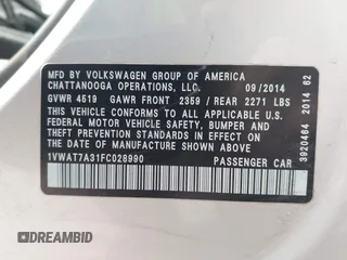 2015 Volkswagen Passat 1.8T Wolfsburg Ed with VIN 1VWAT7A31FC028990, listed as a IAAI auction lot 41778229 with 73,553 mi miles. Bid and sale history available at carsss.com. Image 9.