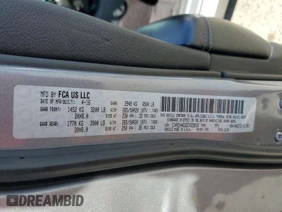 2016 Dodge Durango SXT with VIN 1C4RDHAG2GC422818, listed as a Copart auction lot 56157875 with 131,423 mi miles and Salvage title. Bid and sale history available at DreamBid. Image 14.