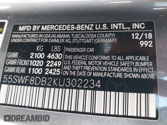 2019 Mercedes-Benz C 300 with VIN 55SWF8DB2KU302234, listed as a IAAI auction lot 42439409 with 99,907 mi miles and . Bid and sale history available at DreamBid. Image 9.