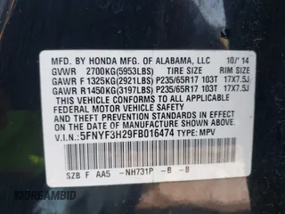 2015 Honda Pilot LX with VIN 5FNYF3H29FB016474, listed as a IAAI auction lot 41976782 with 200,692 mi miles and . Bid and sale history available at carsss.com. Image 9.