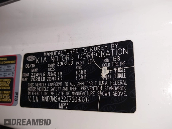 2018 Kia Soul with VIN KNDJN2A22J7609326, listed as a IAAI auction lot 41672554 with 75,667 mi miles and . Bid and sale history available at DreamBid. Image 9.