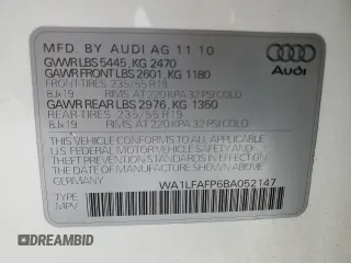 2011 Audi Q5 Premium Plus with VIN WA1LFAFP6BA052147, listed as a Copart auction lot 84075824 with 168,494 mi miles and Clean Title. Bid and sale history available at DreamBid. Image 13.