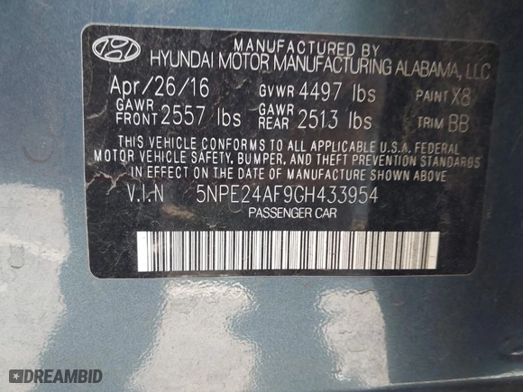 2016 Hyundai Sonata 2.4L SE with VIN 5NPE24AF9GH433954, listed as a IAAI auction lot 41980518 with 124,351 mi miles. Bid and sale history available at carsss.com. Image 9.