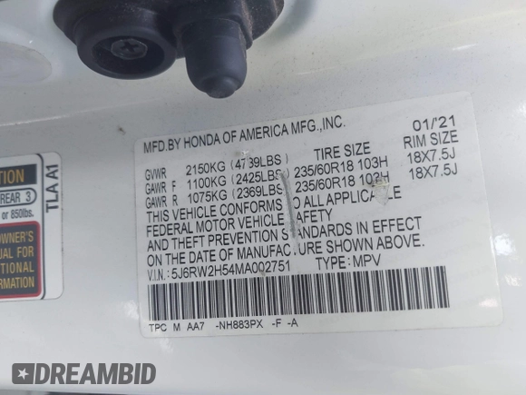 2021 Honda CR-V EX with VIN 5J6RW2H54MA002751, listed as a IAAI auction lot 42639811 with Not provided miles and . Bid and sale history available at DreamBid. Image 9.