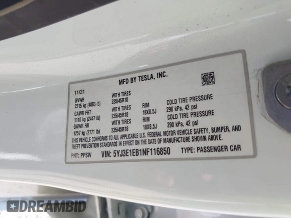 2022 Tesla Model 3 Long Range with VIN 5YJ3E1EB1NF116850, listed as a IAAI auction lot 42062677 with 48,744 mi miles and . Bid and sale history available at DreamBid. Image 9.