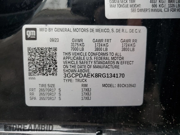 2024 Chevrolet Silverado 1500 with VIN 3GCPDAEK8RG134170, listed as a Copart auction lot 49703665 with 10,643 mi miles and Salvage Title. Bid and sale history available at DreamBid. Image 13.