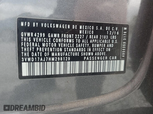 2017 Volkswagen Jetta Sport z VIN 3VWD17AJ7HM298129, wystawiony jako Copart lot #51224065 z przebiegiem 100 818 mil mil oraz Szkoda całkowita • Salvage title. Historia ofert i sprzedaży dostępna na DreamBid. Obrazek 14.