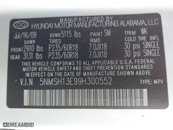 2009 Hyundai Santa Fe SE with VIN 5NMSH13E99H300552, listed as a IAAI auction lot 41772584 with 155,127 mi miles. Bid and sale history available at carsss.com. Image 9.