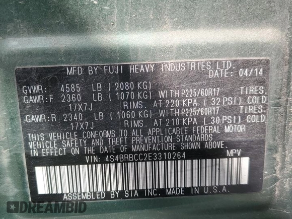 2014 Subaru Outback Premium with VIN 4S4BRBCC2E3310264, listed as a Copart auction lot 54107405 with 150,644 mi miles and Salvage Title. Bid and sale history available at DreamBid. Image 13.