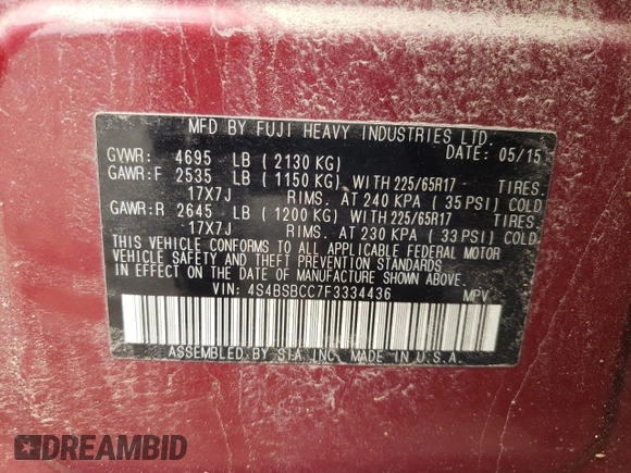 2015 Subaru Outback Premium with VIN 4S4BSBCC7F3334436, listed as a Copart auction lot 60827725 with 157,794 mi miles and Salvage title. Bid and sale history available at DreamBid. Image 13.
