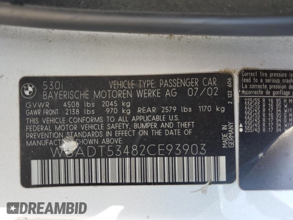 2002 BMW 5 Series 530i with VIN WBADT53482CE93903, listed as a Copart auction lot 43745445 with 0 mi miles and Salvage Title. Bid and sale history available at carsss.com. Image 14.