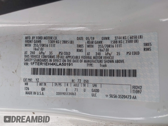 2019 Ford Ranger XL with VIN 1FTER1EH4KLA50191, listed as a IAAI auction lot 41654095 with 93,466 mi miles and . Bid and sale history available at DreamBid. Image 9.