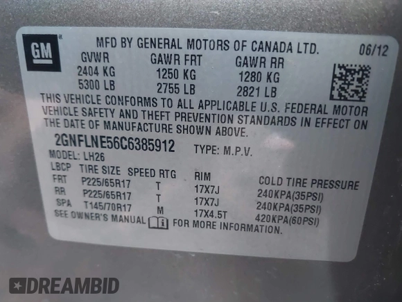 2012 Chevrolet Equinox LT w/2LT with VIN 2GNFLNE56C6385912, listed as a IAAI auction lot 41613361 with 269,913 mi miles. Bid and sale history available at carsss.com. Image 9.