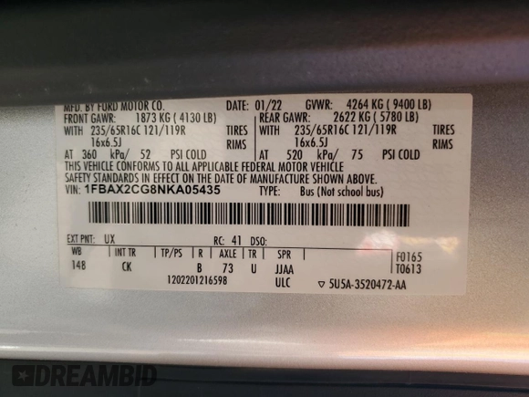 2022 Ford Transit Passenger XL z VIN 1FBAX2CG8NKA05435, wystawiony jako Copart lot #86762754 z przebiegiem 42 707 mil mil oraz Szkoda całkowita • Salvage title. Historia ofert i sprzedaży dostępna na DreamBid. Obrazek 16.