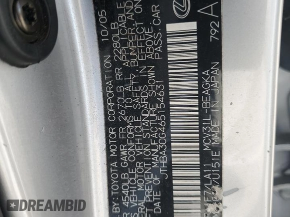 2006 Lexus ES 350 with VIN JTHBA30G465154631, listed as a Copart auction lot 54867215 with 79,892 mi miles and Salvage Title. Bid and sale history available at DreamBid. Image 12.