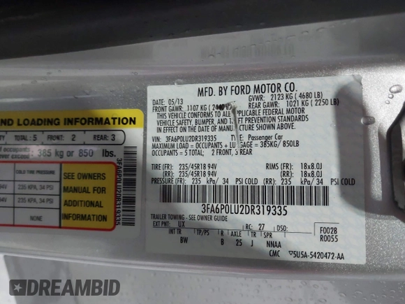 2013 Ford Fusion SE Hybrid with VIN 3FA6P0LU2DR319335, listed as a IAAI auction lot 42007573 with 135,099 mi miles. Bid and sale history available at carsss.com. Image 9.