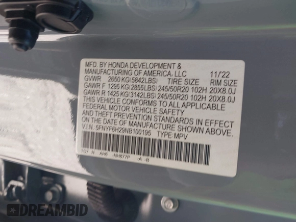 2022 Honda Pilot Special Edition with VIN 5FNYF6H29NB100195, listed as a IAAI auction lot 41716085 with 88,444 mi miles and . Bid and sale history available at DreamBid. Image 9.