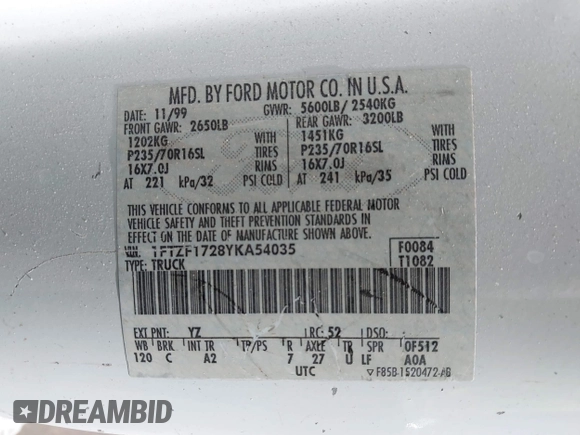 2000 Ford F-150 with VIN 1FTZF1728YKA54035, listed as a IAAI auction lot 42236191 with Not provided miles and . Bid and sale history available at DreamBid. Image 9.