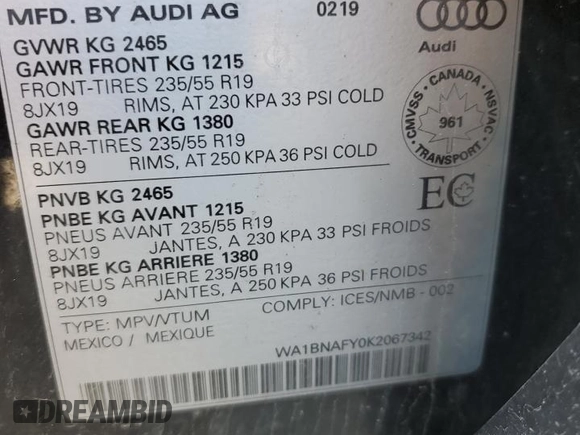 2019 Audi Q5 Premium Plus z VIN WA1BNAFY0K2067342, wystawiony jako Copart lot #56153285 z przebiegiem Nie podano mil oraz Nie do naprawy • Non repairable. Historia ofert i sprzedaży dostępna na DreamBid. Obrazek 14.