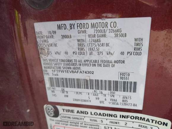2010 Ford F-150 XL with VIN 1FTFW1EV8AFA74302, listed as a IAAI auction lot 41679300 with 303,049 mi miles. Bid and sale history available at carsss.com. Image 9.
