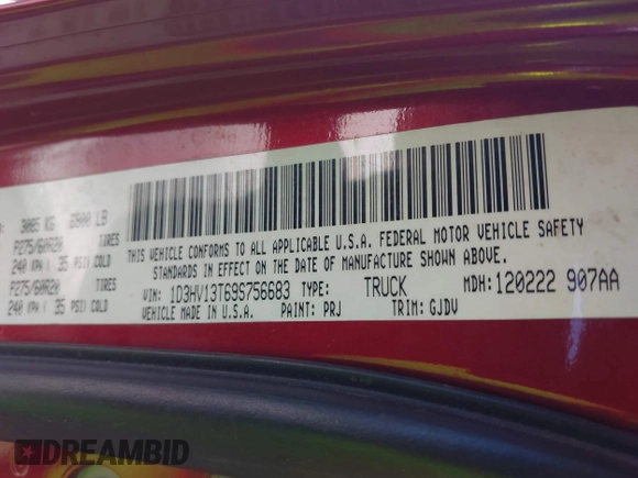 2009 Dodge 1500 SLT with VIN 1D3HV13T69S756683, listed as a IAAI auction lot 41270185 with 216,259 mi miles and . Bid and sale history available at carsss.com. Image 9.