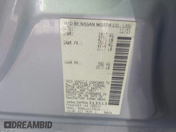 2016 Nissan Altima S with VIN 1N4AL3AP9GN313513, listed as a IAAI auction lot 41959279 with 115,100 mi miles and . Bid and sale history available at DreamBid. Image 9.