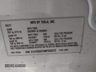2021 Tesla Model Y Performance with VIN 5YJYGDEF4MF263473, listed as a IAAI auction lot 41851083 with 39,289 mi miles and . Bid and sale history available at DreamBid. Image 9.