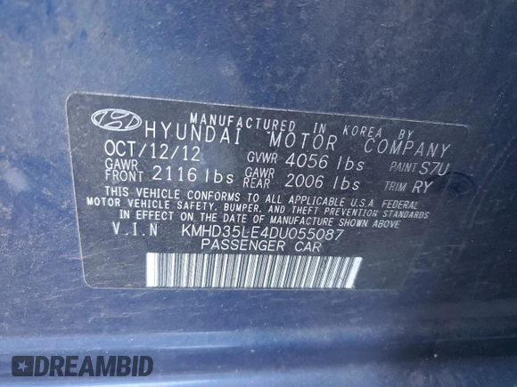 2013 Hyundai Elantra with VIN KMHD35LE4DU055087, listed as a Copart auction lot 80123454 with 128,588 mi miles and Salvage Title. Bid and sale history available at DreamBid. Image 13.