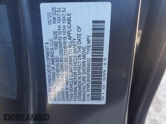 2023 Honda Odyssey Elite с VIN 5FNRL6H92PB066033, выставлен на аукционе Copart как лот 89339945 с пробегом 30 403 миль миль и Списание • Salvage title. История ставок и продаж доступна на DreamBid. Изображение 13.