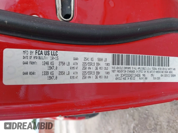 2016 Dodge Journey Crossroad Plus with VIN 3C4PDDGGXGT154838, listed as a IAAI auction lot 42499111 with 224,161 mi miles and . Bid and sale history available at DreamBid. Image 9.