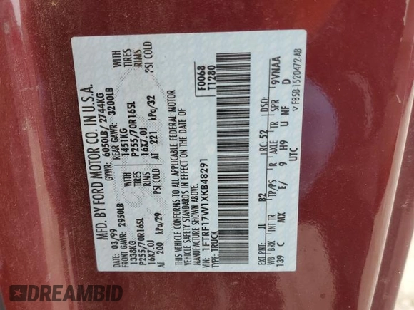1999 Ford F-150 with VIN 1FTRF17W1XKB48291, listed as a Copart auction lot 45526035 with 154,699 mi miles and Salvage title. Bid and sale history available at DreamBid. Image 13.