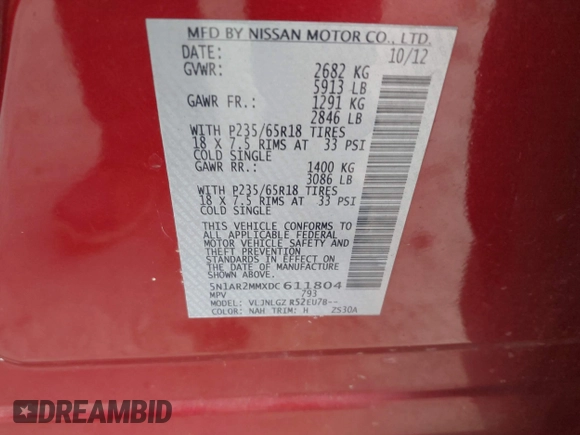 2013 Nissan Pathfinder SV with VIN 5N1AR2MMXDC611804, listed as a IAAI auction lot 41399219 with 185,384 mi miles. Bid and sale history available at carsss.com. Image 9.