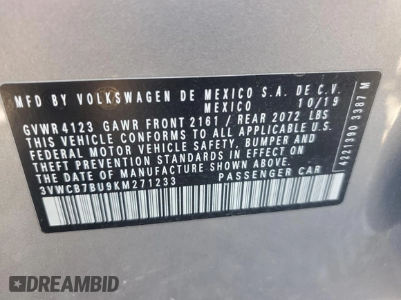 2019 Volkswagen Jetta S с VIN 3VWCB7BU9KM271233, выставлен на аукционе Copart как лот 79888714 с пробегом 78 318 миль миль и Списание • Salvage title. История ставок и продаж доступна на DreamBid. Изображение 12.