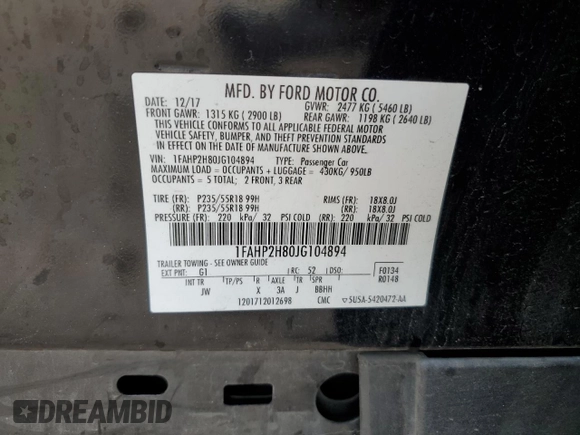 2018 Ford Taurus SEL with VIN 1FAHP2H80JG104894, listed as a Copart auction lot 83343334 with 100,464 mi miles and Salvage Title. Bid and sale history available at carsss.com. Image 13.