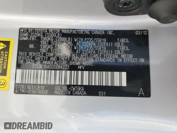 2012 Lexus RX 350 with VIN 2T2ZK1BA5CC084223, listed as a Copart auction lot 52806945 with 166,041 mi miles and Salvage Title. Bid and sale history available at DreamBid. Image 13.
