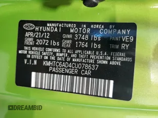2012 Hyundai Veloster w/Black Int with VIN KMHTC6AD4CU078637, listed as a Copart auction lot 50964805 with 119,255 mi miles and Salvage title. Bid and sale history available at DreamBid. Image 12.