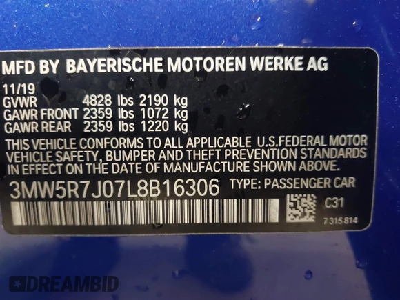 2020 BMW 3 Series 330i xDrive with VIN 3MW5R7J07L8B16306, listed as a IAAI auction lot 41608397 with 28,337 mi miles and . Bid and sale history available at DreamBid. Image 9.