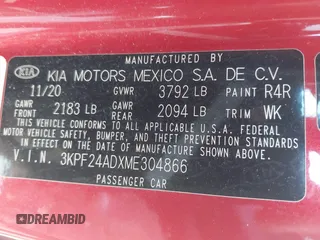 2021 Kia Forte LXS with VIN 3KPF24ADXME304866, listed as a IAAI auction lot 41938864 with 58,041 mi miles. Bid and sale history available at carsss.com. Image 9.