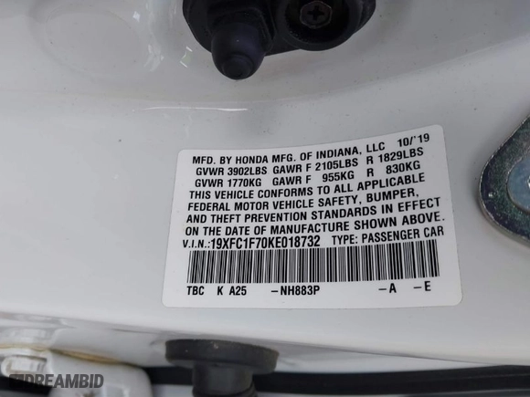2019 Honda Civic Sedan EX-L with VIN 19XFC1F70KE018732, listed as a IAAI auction lot 41218403 with 35,280 mi miles. Bid and sale history available at carsss.com. Image 9.