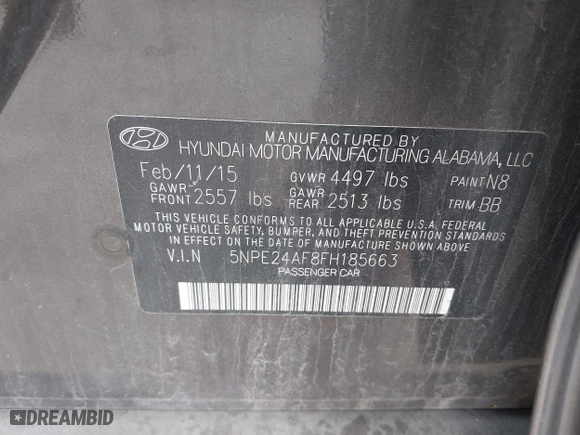 2015 Hyundai Sonata 2.4L SE with VIN 5NPE24AF8FH185663, listed as a IAAI auction lot 42029560 with 93,342 mi miles. Bid and sale history available at carsss.com. Image 9.