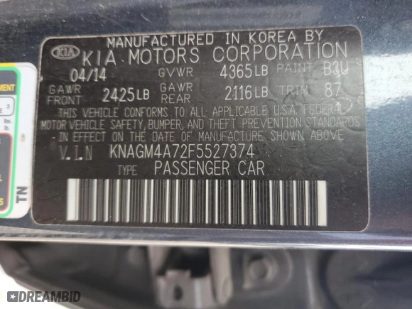 2015 Kia Optima LX with VIN KNAGM4A72F5527374, listed as a Copart auction lot 51238685 with 178,758 mi miles and Salvage Title. Bid and sale history available at carsss.com. Image 12.