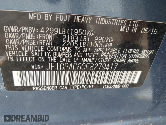 2015 Subaru Impreza Premium with VIN JF1GPAC60F8279417, listed as a IAAI auction lot 42787823 with 69,833 mi miles and . Bid and sale history available at DreamBid. Image 9.