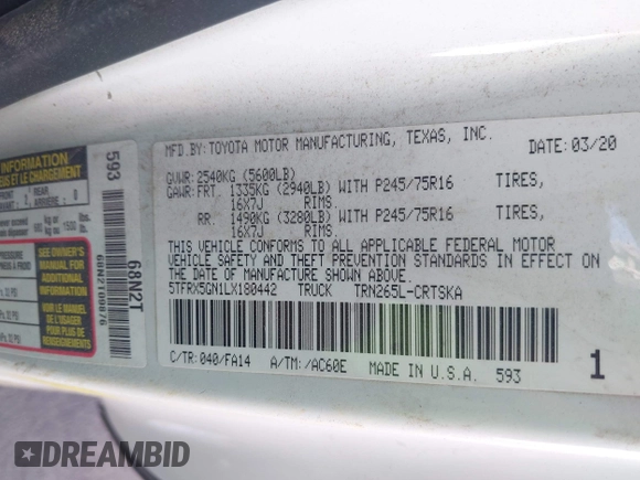 2020 Toyota Tacoma SR with VIN 5TFRX5GN1LX180442, listed as a IAAI auction lot 42090748 with 70,449 mi miles and . Bid and sale history available at DreamBid. Image 9.